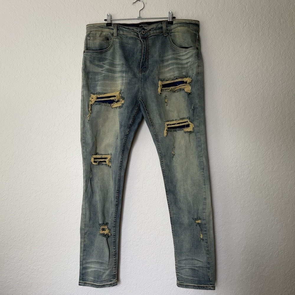 Serenede Jeans Mens 40 X 32 Distressed Ripped Blue Denim Streetwear Stretch